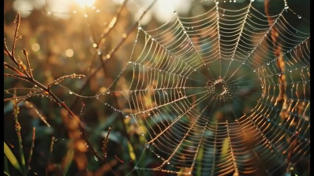 Dew Drops on Spider Web in Golden Morning Sunlight - Macro Nature Photography, Backlit
