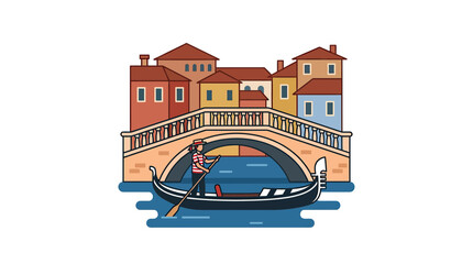 Venice Gondola Ride Under Bridge, Italian Canal Cityscape Illustration © Cahya