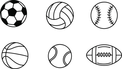Fototapeta premium Sports equipment ball outline icon set featuring soccer basketball baseball football volleyball and tennis elements for athletic graphic design