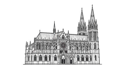 Fototapeta premium Gothic Cathedral Facade Drawing, Architectural Sketch, European Landmark