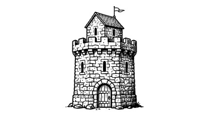 Medieval Stone Tower with Flag - Black and White Illustration © Cahya