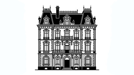Obraz premium Ornate Victorian Townhouse Facade, Black and White Architectural Illustration