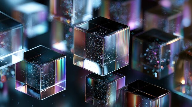 Abstract composition of glowing glass cubes with floating particles