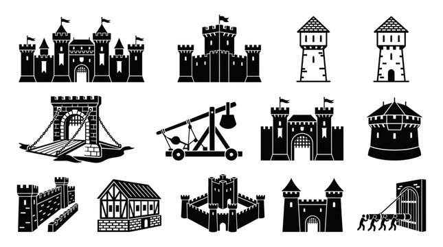 Medieval Castle Icons Set: Fortifications, Towers, Siege Weapon, Gatehouse