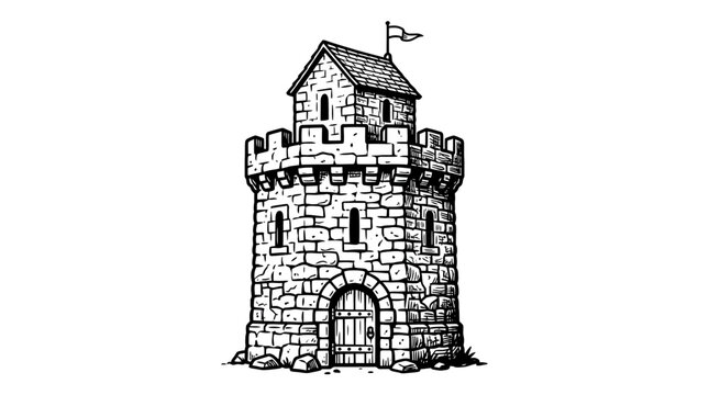 Medieval Stone Tower with Flag - Black and White Illustration