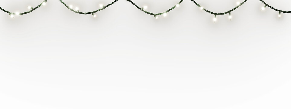 White Christmas lights with a green cable, isolated over a transparent background. 3D render.