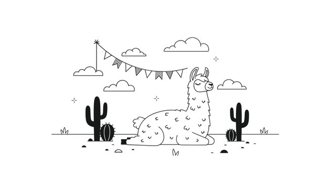 Minimalist line art drawing of a peaceful llama sitting in a desert landscape with cacti and festive party banners.