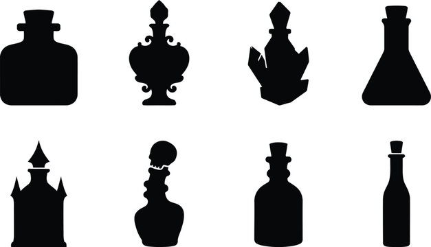 Vintage Apothecary Potion Bottle Silhouette Vector Bundle Featuring Magic Elixir Glass Flask Containers Decorative Fantasy Icons Collection Isolated