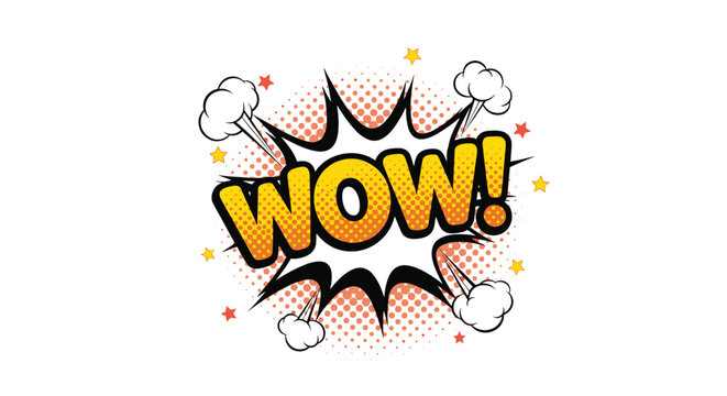 Comic book style wow word bubble with halftone pattern stars and clouds in bright yellow and orange colors for impact.