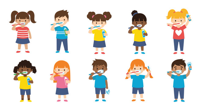 Group of diverse children practicing good hygiene by brushing their teeth with colorful toothbrushes and toothpaste tubes.
