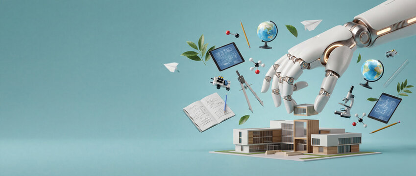 Robotic hand constructing modern architectural building model surrounded by floating school and science equipment on blue background