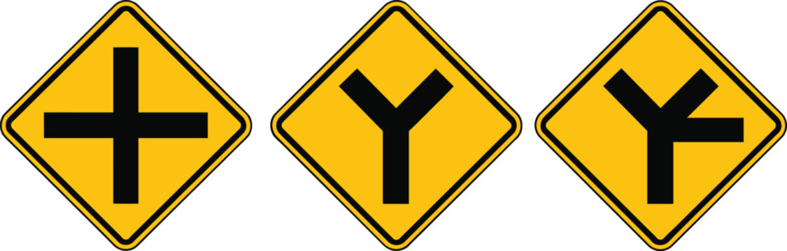 Yellow warning road sign vector set featuring intersection crossroad and y junction symbols for traffic safety and transportation design