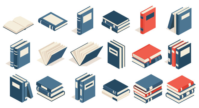 Diverse collection of isometric books in different colors and positions like open stacked and standing for library design.