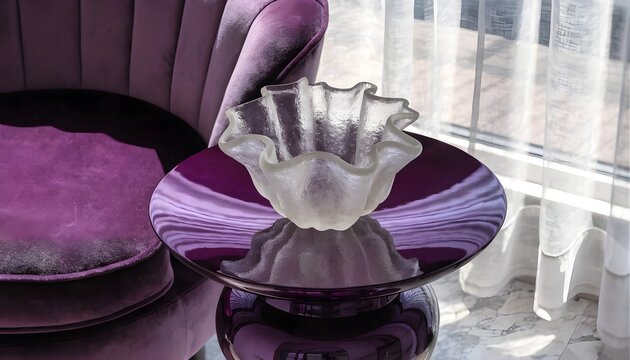 A decorative frosted glass bowl on a glossy purple pedestal table