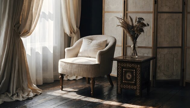 Cozy reading corner with an armchair and a vintage side table