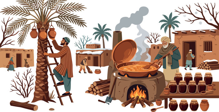 Traditional Village Date Juice Collection and Jaggery Making Vector Illustration with Farmers Cooking Molasses in Winter Landscape