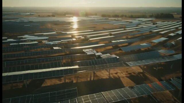 Aerial View of Solar Farm at Sunset Renewable Energy Generation Power Plant