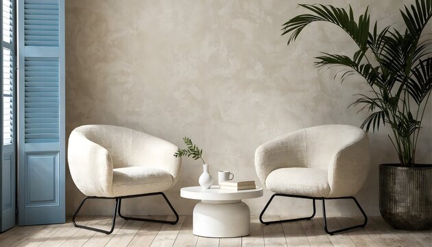 Modern living room interior with two white armchairs and coffee table