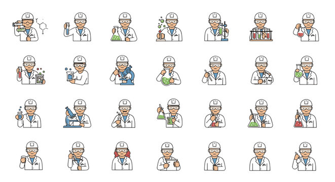 Science lab technician avatar set for medical and chemical research