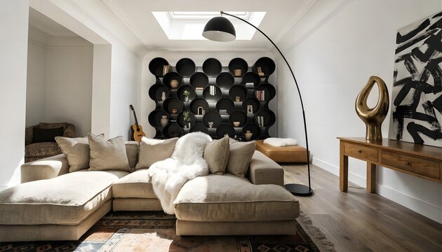 Modern living room interior with a unique circular black shelving unit