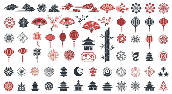 Extensive set of traditional Asian symbols including lanterns fans temples dragons bamboo and floral patterns in red and black.