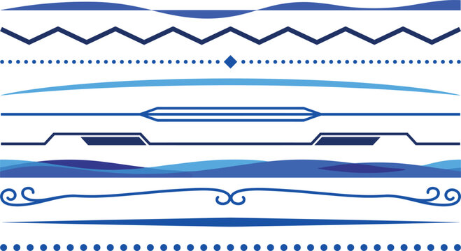 Decorative Blue Line Divider Vector Set with Geometric Zigzag Wavy Vintage and Tech Style Borders for Graphic Designs