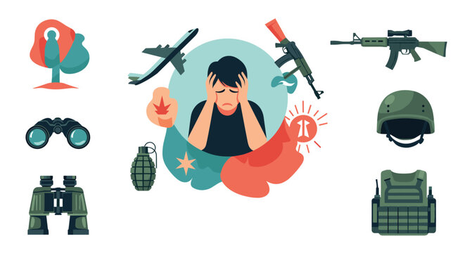 Depressed man holds his head in despair surrounded by various military and war related icons like guns, helmets, and grenades.