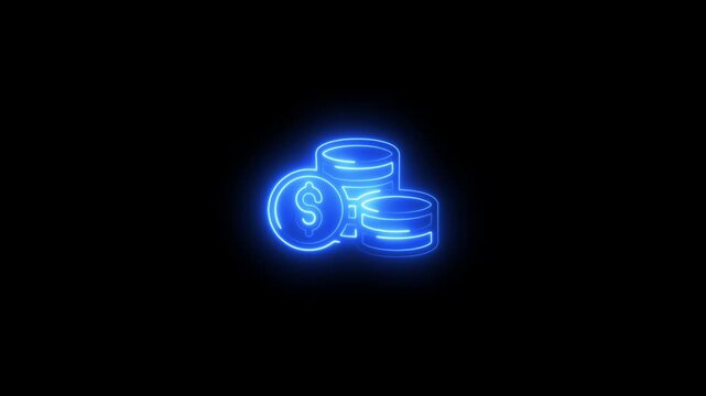 Glowing neon dollar coin stack icon animation for financial growth, business finance and money management concepts and digital currency concept, isolated on black background.