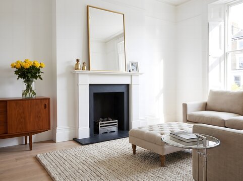 Modern living room interior with fireplace, mirror, and neutral furniture