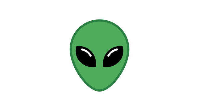 Green extraterrestrial head with large black eyes on white background