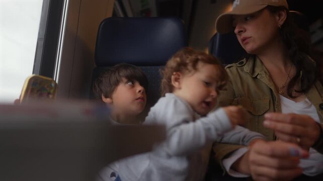 Mother offering snack to toddler while traveling by passenger train, authentic family journey highlighting caregiving, healthy eating, attachment and everyday parenting