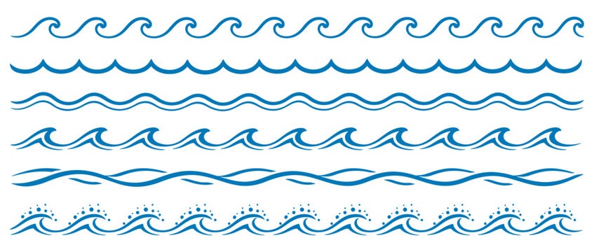 Wave Borders Set, Hand Drawn Blue Ocean Wave Borders Set. Seamless Marine Wave Patterns For Summer Design, wave, ocean, sea, blue, border, pattern, hand, drawn, sketch, doodle