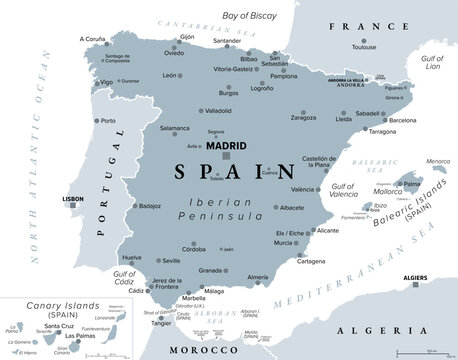 Spain, gray political map with capital Madrid. Kingdom of Spain. Country on the Iberian Peninsula, with the Balearic Islands, Canary Islands, and the exclaves Ceuta and Melilla. Illustration. Vector