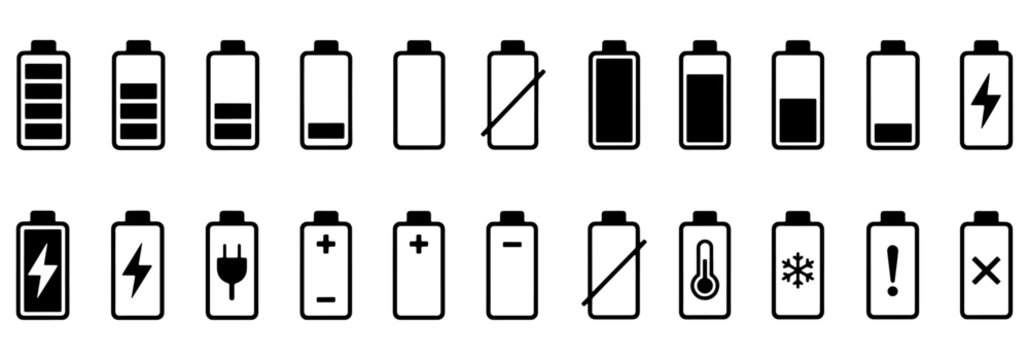 Battery status and energy levels icons, battery status and energy level icons for mobile device and technology interface designs, these black charging and power symbols, battery, status, energy