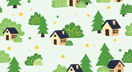 Fototapeta premium Charming seamless pattern with small countryside houses, pine trees, bushes, and yellow stars on a light mint green background.