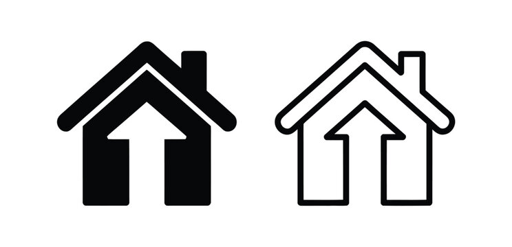House with upward arrow icon set in solid black, outline, and double outline styles, vector illustration for real estate growth, home value increase, property investment, housing market, and mortgage 