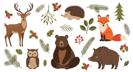 Obraz premium Extensive collection of woodland animals including deer, bear, owl, fox, and boar with various forest plants and berries.