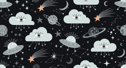Surreal seamless pattern of flying saucers, planets, shooting stars, and clouds with eyes on a dark starry night sky. © MS