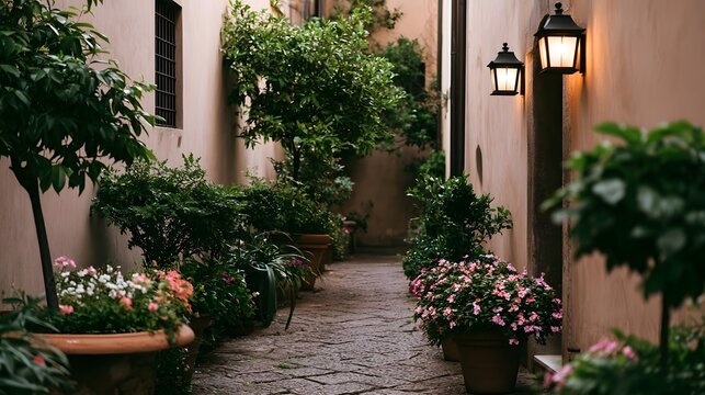 A narrow stone path winds through a courtyard flanked by terracotta pots of flowering plants and glowing wall lanterns