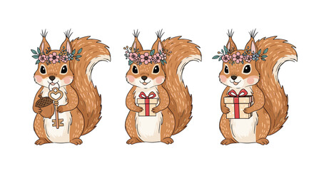 Delightful trio of squirrels wearing pink flower crowns holding an acorn with a key and wrapped gift boxes. © MS
