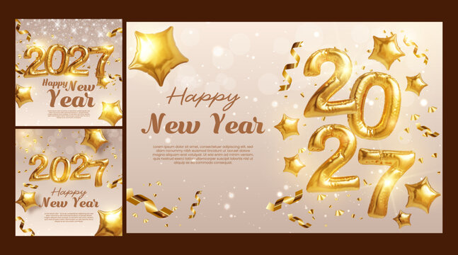 Happy new year 2027 golden social media template vector illustration. New year greeting card set