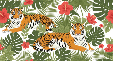 Majestic tigers rest amongst vibrant red hibiscus flowers and lush tropical palm leaves in a dense jungle seamless pattern illustration. © MS