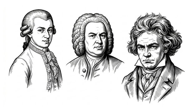Classical Composer Bust Portrait Vector Set of Mozart Bach and Beethoven in Vintage Engraving Style