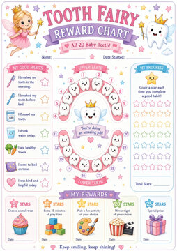 Cute Tooth Fairy reward chart for kids. Includes good habits tracker, baby teeth diagram, progress stars, and reward system. Ideal for encouraging dental hygiene and positive behavior.
