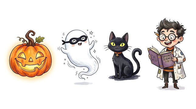 Cute Halloween set with pumpkin ghost cat and mad scientist illustration