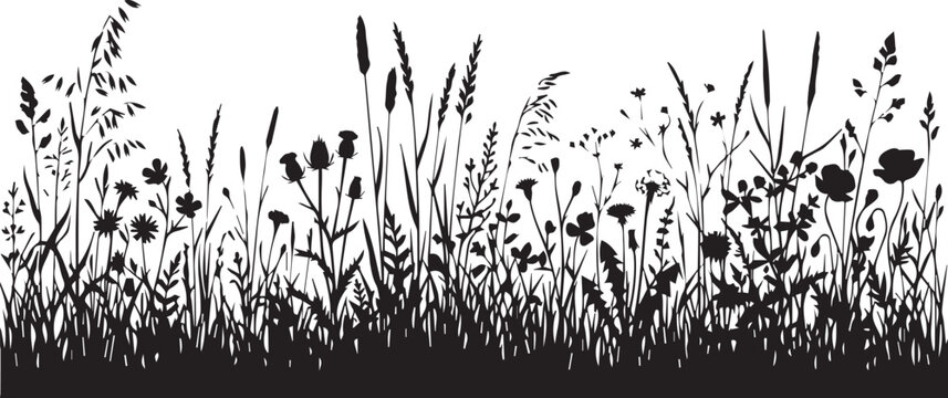 Black silhouette of wildflowers and grass on white background for design