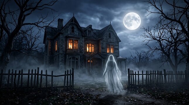 Ghost standing in front of a haunted house at night illustration