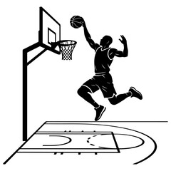 Basketball player performing a powerful slam dunk on a court in black and white silhouette style © MdSourav