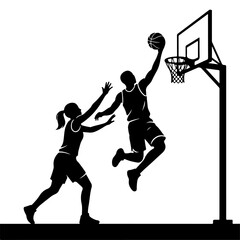 Basketball player jumping to dunk a ball on a court in a dynamic silhouette style © MdSourav