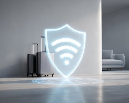 Public wifi security awareness in travel lifestyle suitcases with glowing digital shield and wifi symbol representing secure travel connectivity